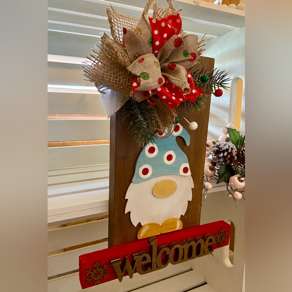 Holiday Gnome Welcome Sign with Red and Blue Accents